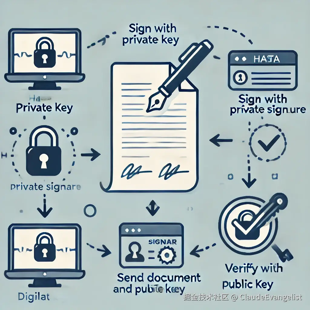 DALL·E 2024-08-02 21.19.17 - An illustration showing the GPG public key signing process. The image should have the following elements__1. A computer with a lock icon labeled 'Priv.webp