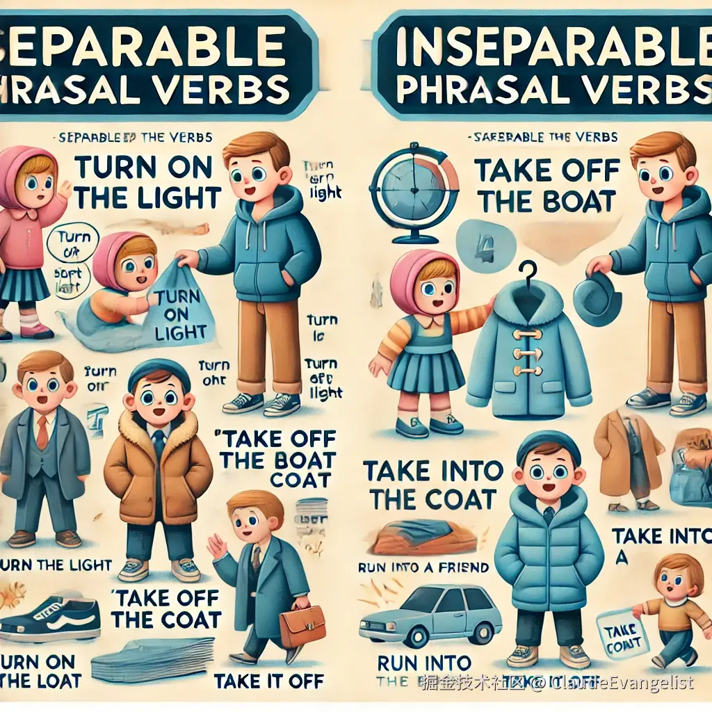 DALL·E 2024-07-28 17.56.36 - A detailed illustration showing the concept of separable and inseparable phrasal verbs in English. The image should depict two columns_ one labeled 'S.webp