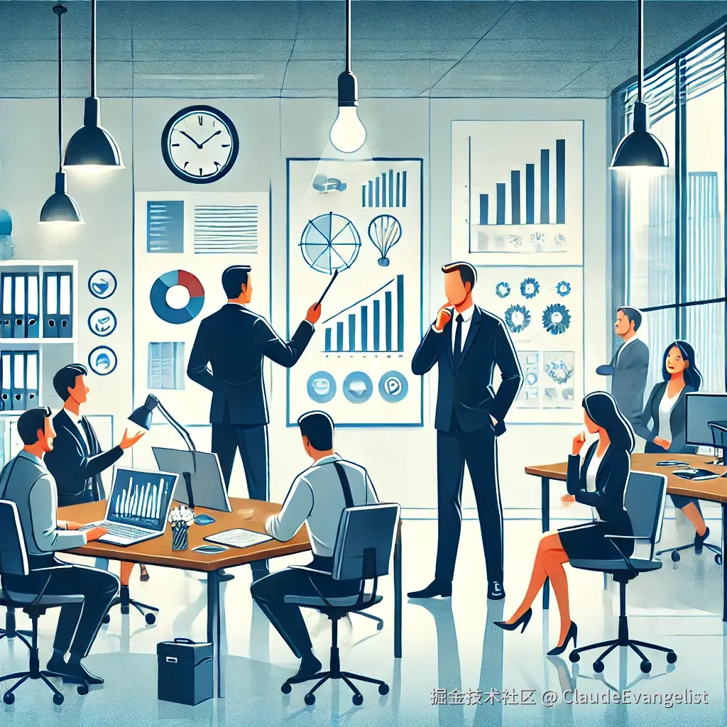 DALL·E 2024-08-15 21.57.49 - An office setting with two different roles depicted_ one as a leader and the other as a manager. The leader is standing in front of a group, inspiring.webp