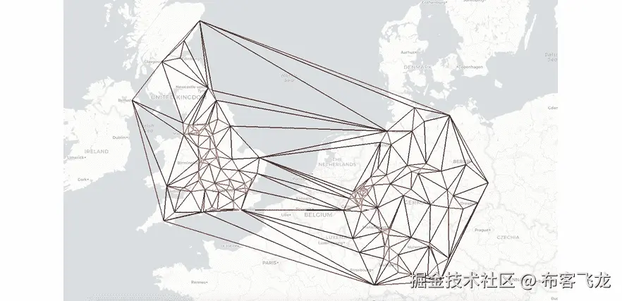 Figure 5.9: Delaunay triangle visualization of cities in Germany and Great Britain