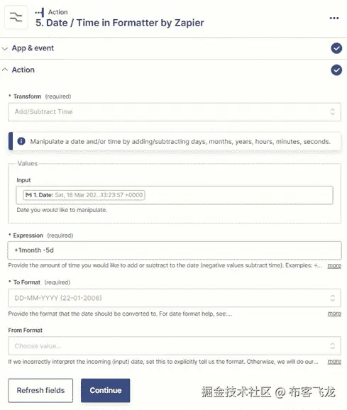 图 14.4 - 使用 Formatter by Zapier 的日期/时间操作事件将时间添加并转换为自定义日期格式的概述