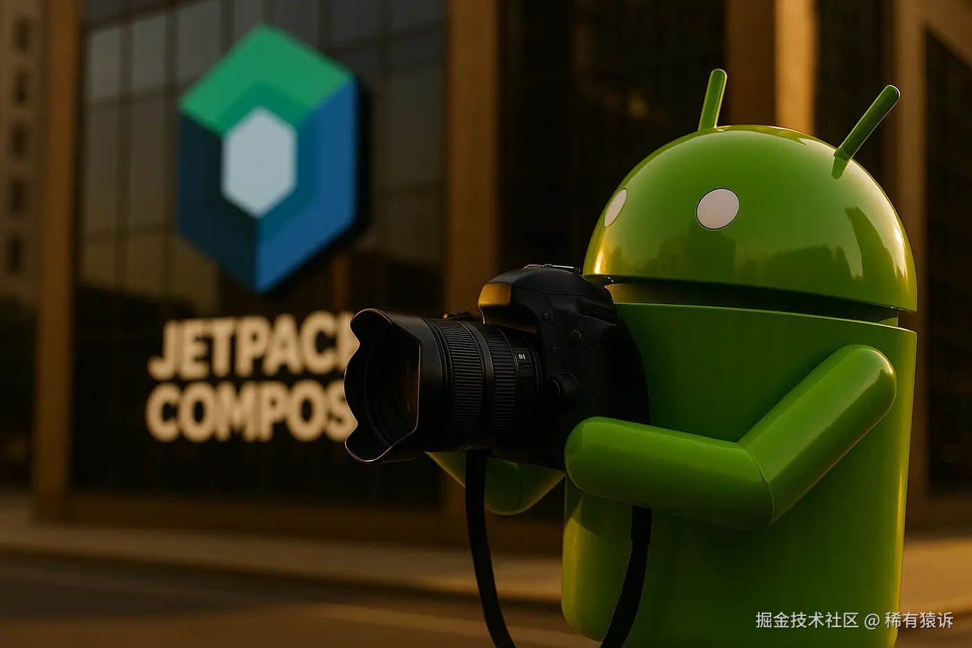 AI 生成图片。Android 机器人和 Jetpack Compose 徽标，用于说明/编辑目的。