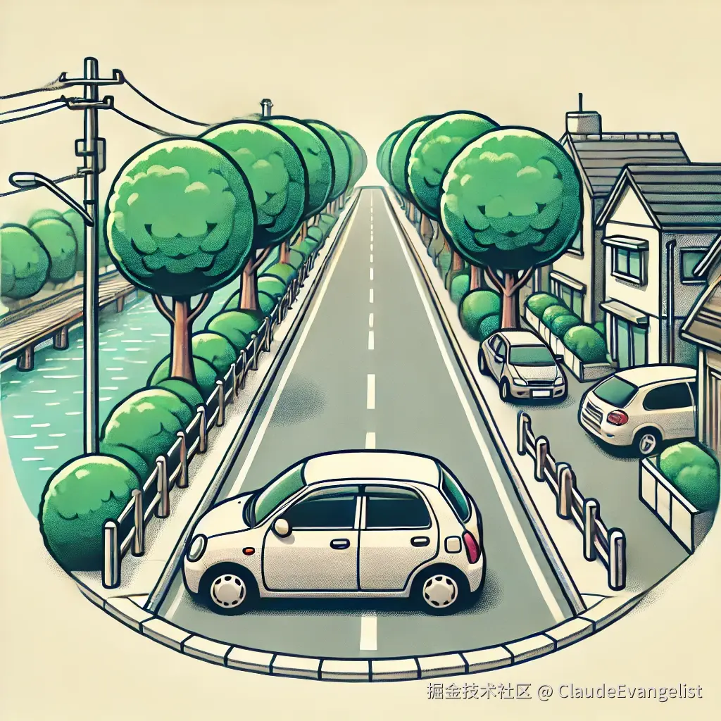 DALL·E 2024-09-04 23.37.07 - An illustration of a car parked along a street with trees on both sides. The street is quiet, and the car is parked neatly along the curb. On one side.webp