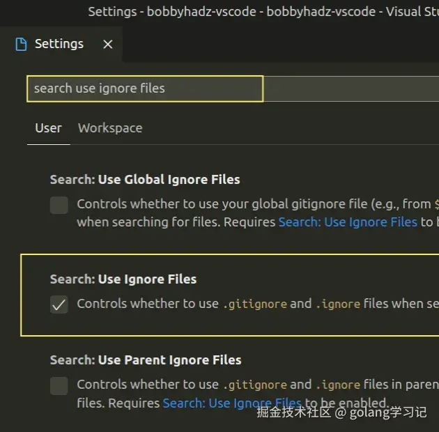 search use ignore files setting