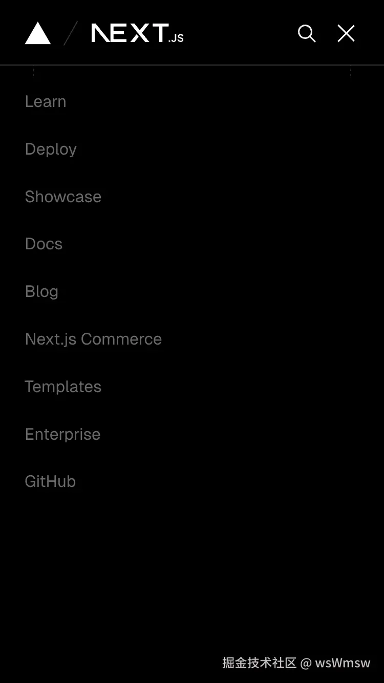 移动端的 Next.js 官网，点击汉堡按钮之后展开了导航栏面板