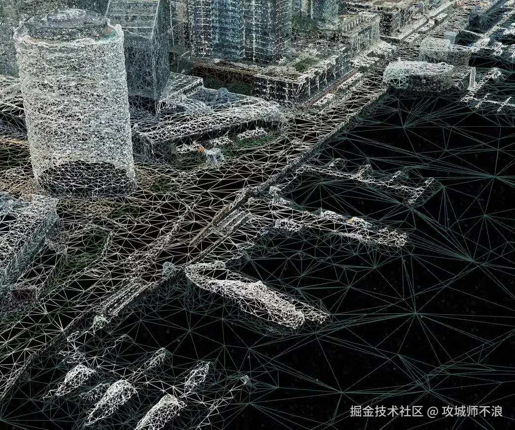 墨尔本部分地区的线框视图。注意三角形大小和密度的变化：建筑物（左上）具有小且密集的三角形，而构成河流的三角形（右下）要大得多。