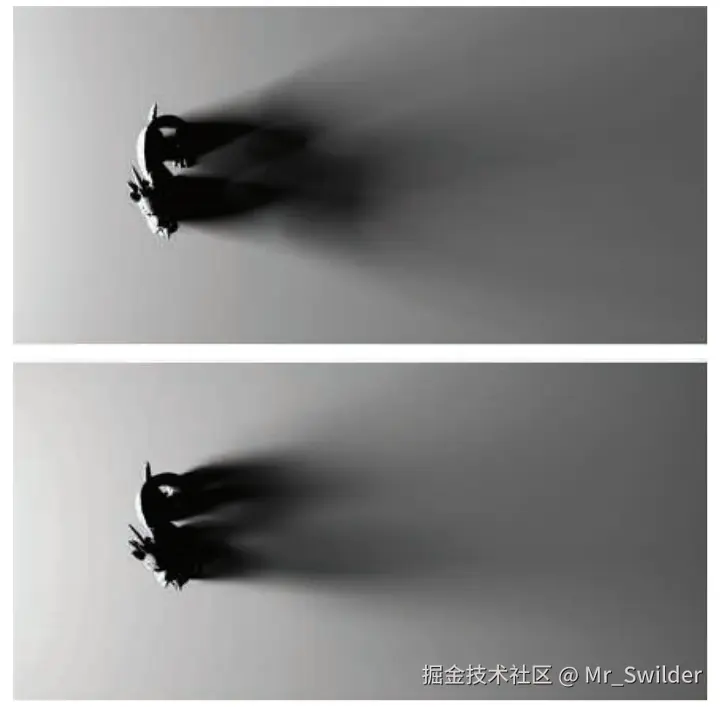 图13.33：锥形追踪所生成的阴影。上图：在Maya中对球形面光源进行20秒光线追踪的渲染结果。下图：同一场景的体素化和锥形追踪耗时约20毫秒，其中模型使用多边形进行渲染，而其体素化版本则用于阴影计算。 [865]