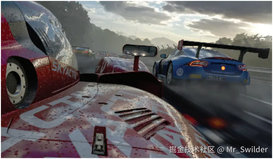 图10.31：《极限竞速7》中环境贴图的光照，会随着赛车位置的改变而更新。
