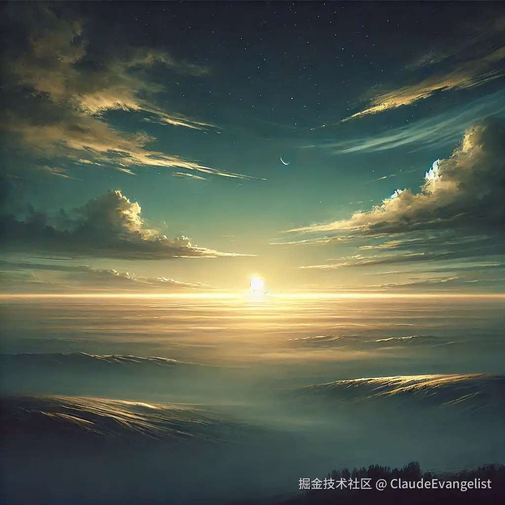 DALL·E 2024-12-18 11.32.24 - A landscape showing a distant horizon with the sun setting or rising, symbolizing an event approaching. In the sky above the horizon, there are subtle.webp