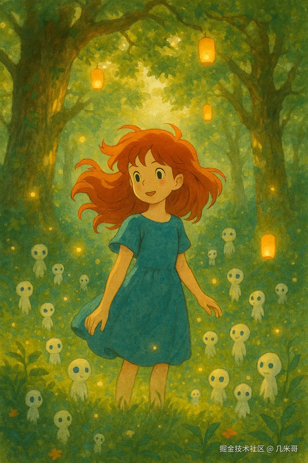 吉卜力风格森林女孩与精灵