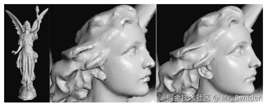 图13.22：这些模型使用了基于点的渲染方法，并使用圆形splat进行渲染。左图展示的是天使露西的完整模型，它包含1000万个顶点。然而，在实际渲染中只使用了大约300万个splat。中间和右边的图片放大了头部细节。中间的图像在渲染期间使用了大约4万个splat。当观察者停止移动时，结果会逐渐收敛成右侧的图像，它包含60万个splat。