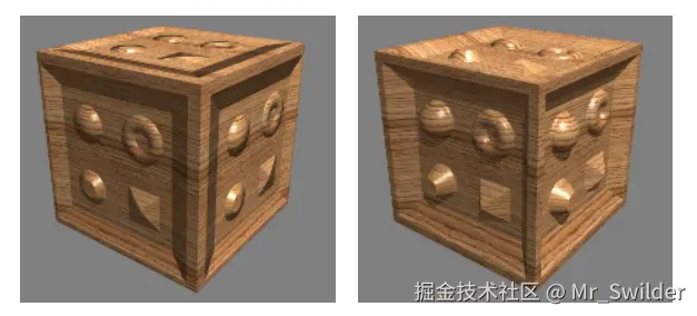 图6.40：没有使用光线步进的视差映射（左）与使用光线步进的视差映射（右）之间的对比。在没有使用光线步进的时候，立方体的顶部会变得很平坦（因为顶部处于掠射观察视角）。使用光线行进也可以产生自阴影效果。