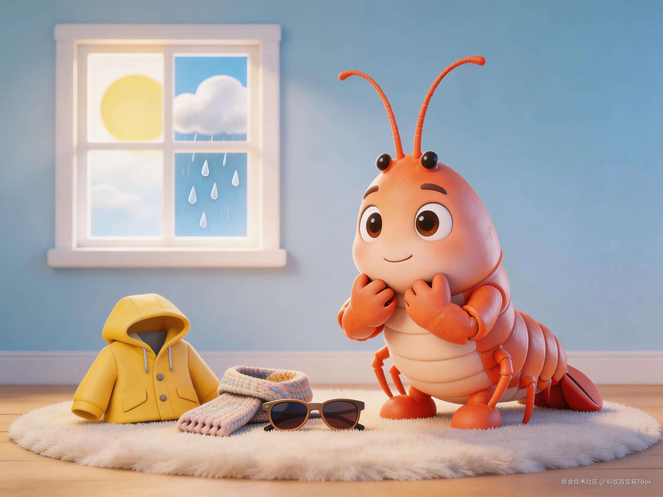 a cute cartoon crawfish, standing in a room, looking outside the window at the changing weather, thoughtful expression, beautiful detailed eyes, adorable face, tiny hands on chin, thinking what clothes to (1).jpg