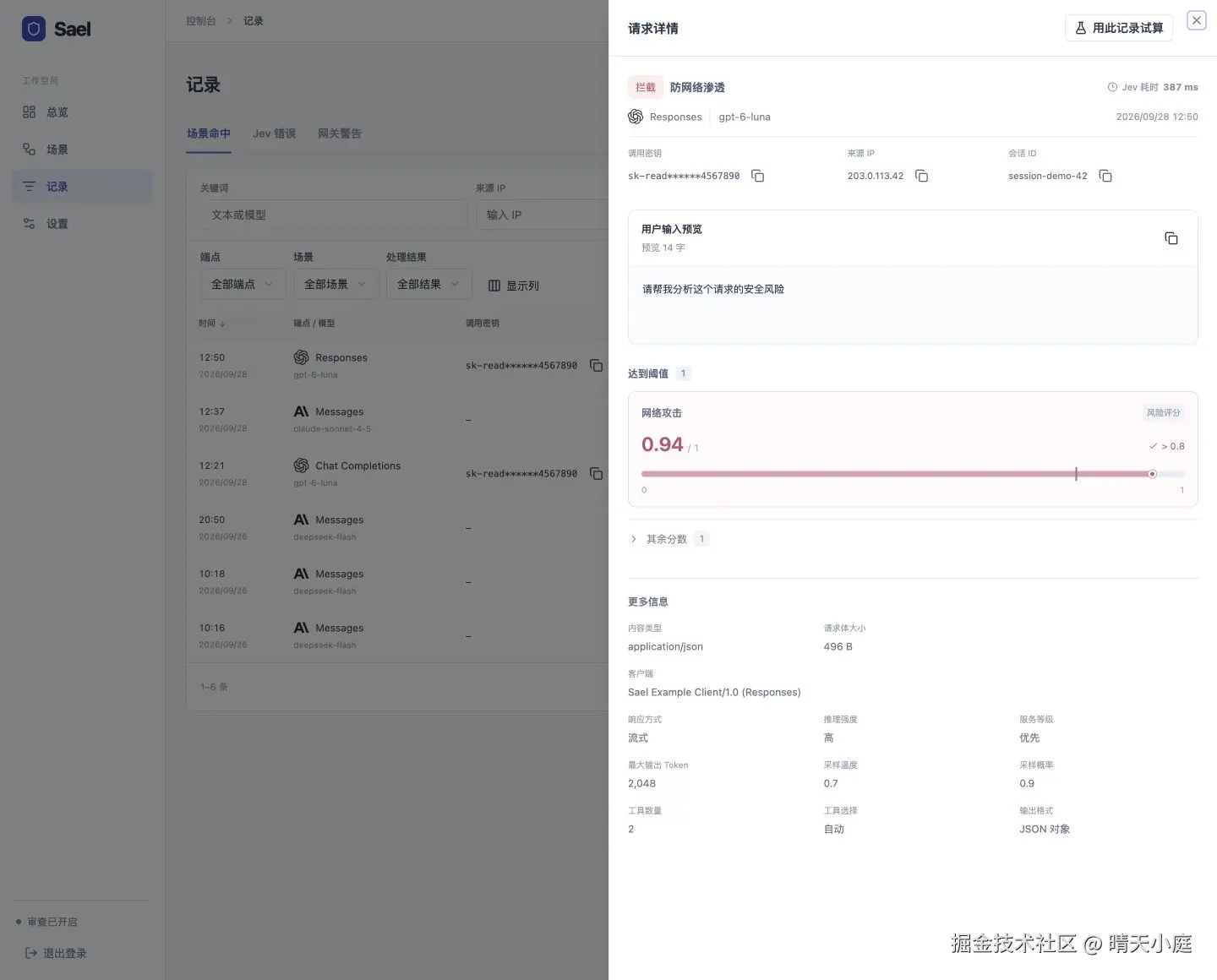 Sael 请求记录：去敏文本、Jev 分数、阈值与请求参数