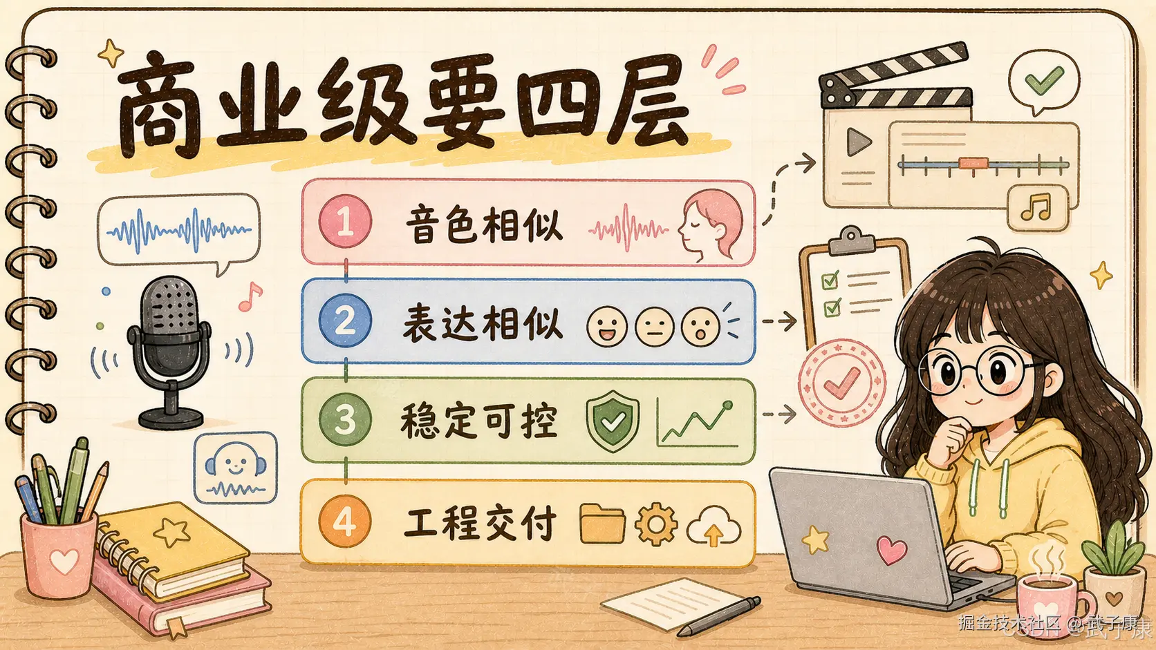 手绘笔记本风格信息图《商业级要四层》：四个彩色方框分别"音色相似（粉色·女性侧脸 + 声波）"、"表达相似（蓝色·三个表情符号）"、"稳定可控（绿色·盾牌 + 折线图）"、"工程交付（黄色·文件夹 + 齿轮 + 云上传）"；右侧戴眼镜的黄色卫衣长直发女孩坐在笔记本前，旁边放着场记板、视频播放器、勾选清单和审批印章；底部是铅笔、笔记本和带爱心的杯子；右下水印"CSDN @武子康"