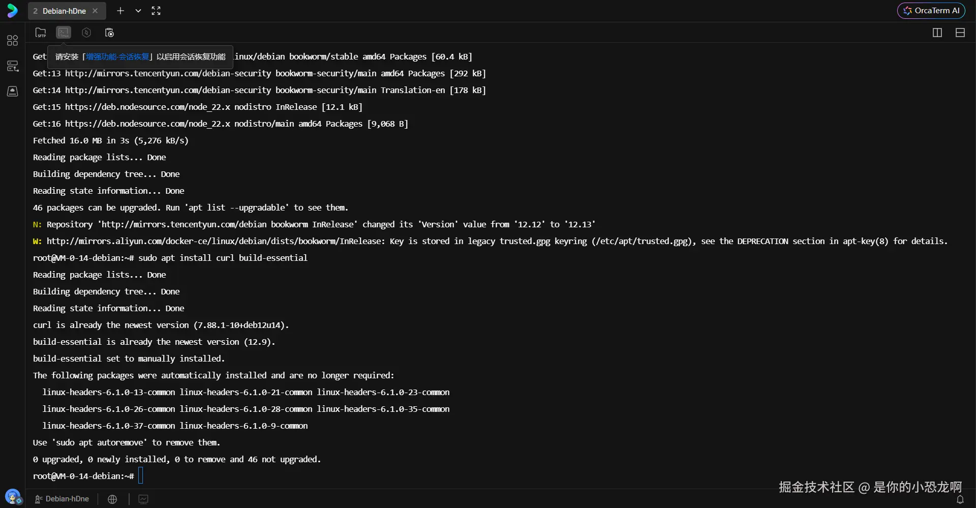 系统依赖安装过程截图，显示 apt 包管理器正在更新并安装 build-essential 和 curl