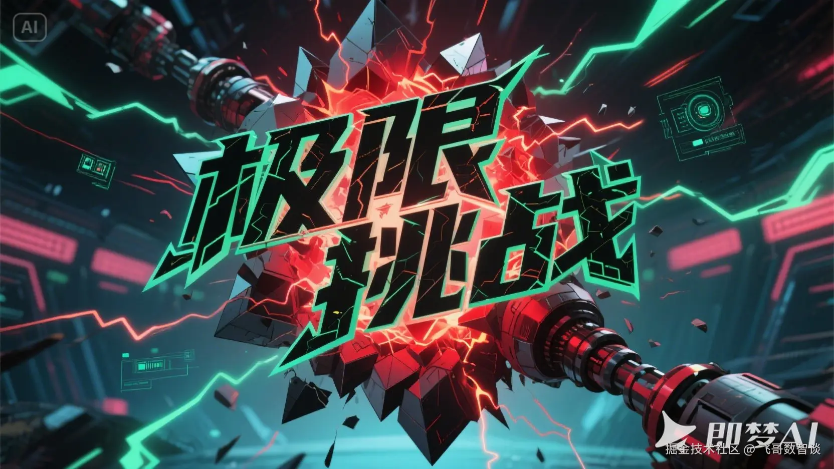 极限挑战，动漫爆炸融合电竞动力双风格，霓虹深渊渐变背景，字体采用尖锐几何体块重组，笔画末端迸发能量脉冲光流，锯齿状裂变结构嵌入猩红能量核心，立体字腔悬浮全息数据风暴，文字倾斜30度呈现速度线残影，...