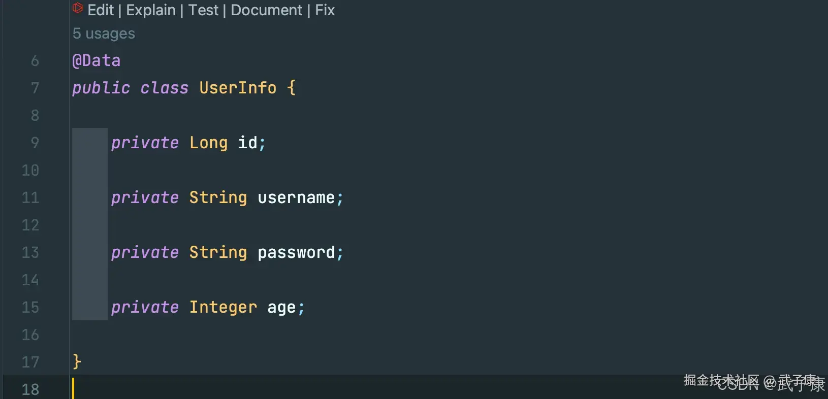 IntelliJ IDEA 代码编辑器：展示 UserInfo 实体类，使用 Lombok @Data 注解，包含 id、username、password、age 四个属性