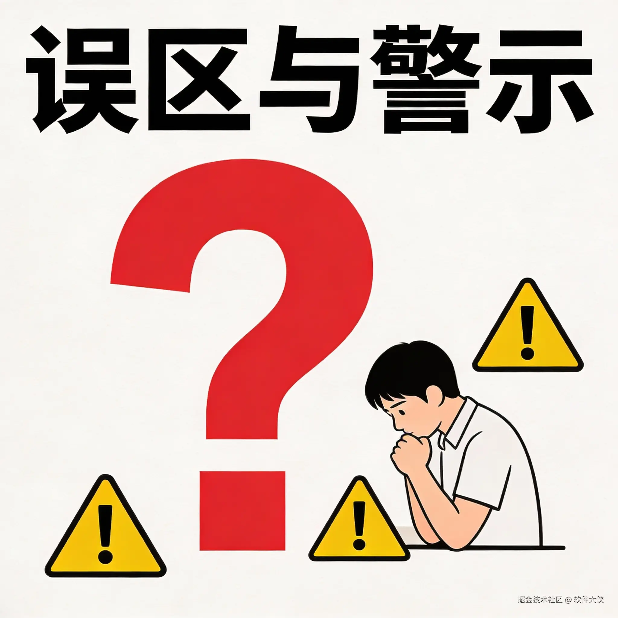 一张现代扁平化插画，描绘一个巨大的红色问号旁边，有一个人正在思考，周围有几个警告符号，象征'误区与警示'。风格与前图保持一致。