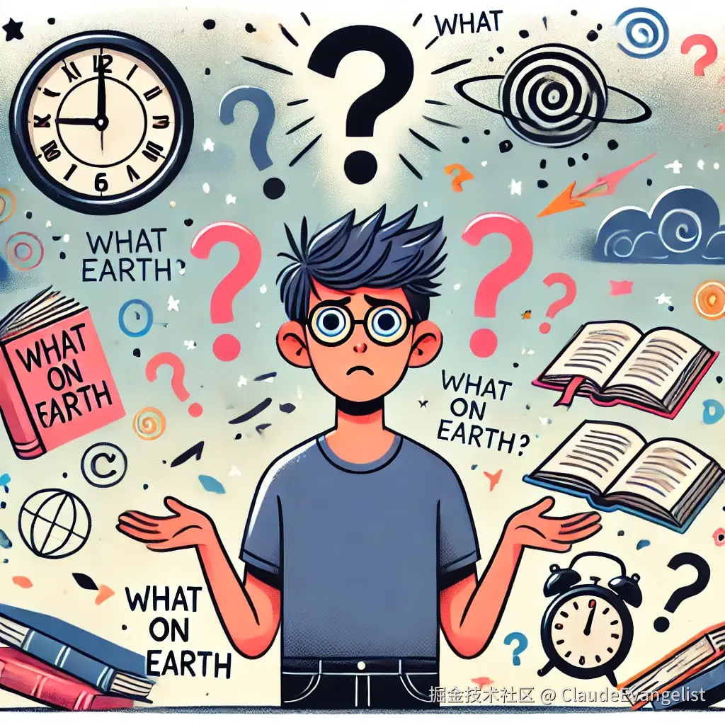 DALL·E 2024-10-26 10.13.48 - An illustration depicting a confused person with a question mark above their head, standing in a situation with unexpected or chaotic elements around .webp