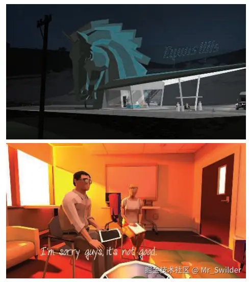 图5.12：两个使用平面着色作为画面风格的游戏：上图来自《肯塔基零号公路》，下图来自《癌症似龙》。