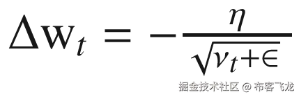 \Delta  {\mathrm{w}}_t=-\frac{\eta }{\sqrt{\nu_t+\in }\ }