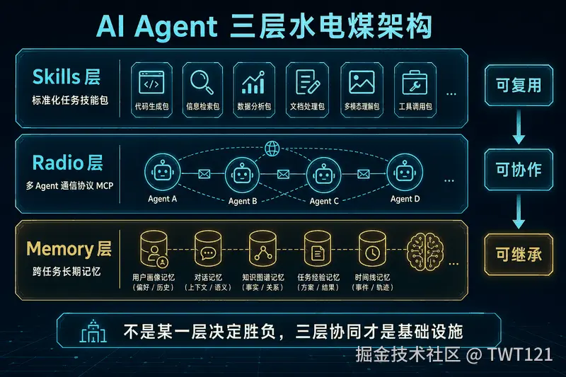 AI Agent 三层水电煤架构：Skills / Radio / Memory