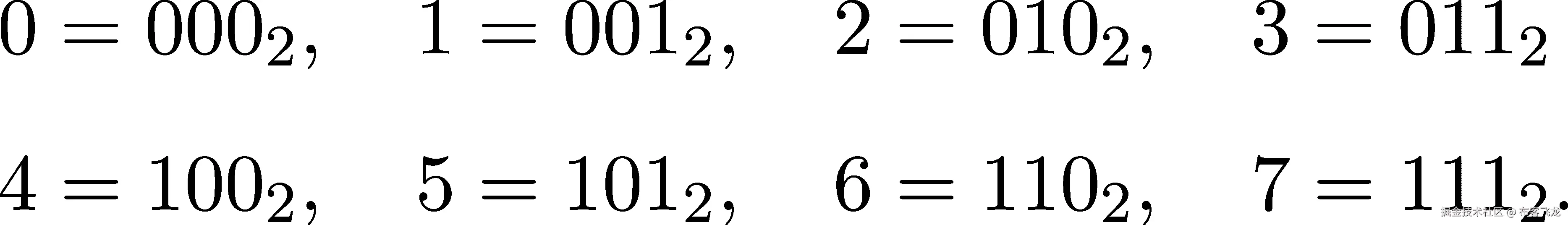 0 = 0002, 1 = 0012, 2 = 0102, 3 = 0112 4 = 1002, 5 = 1012, 6 = 1102, 7 = 1112. 