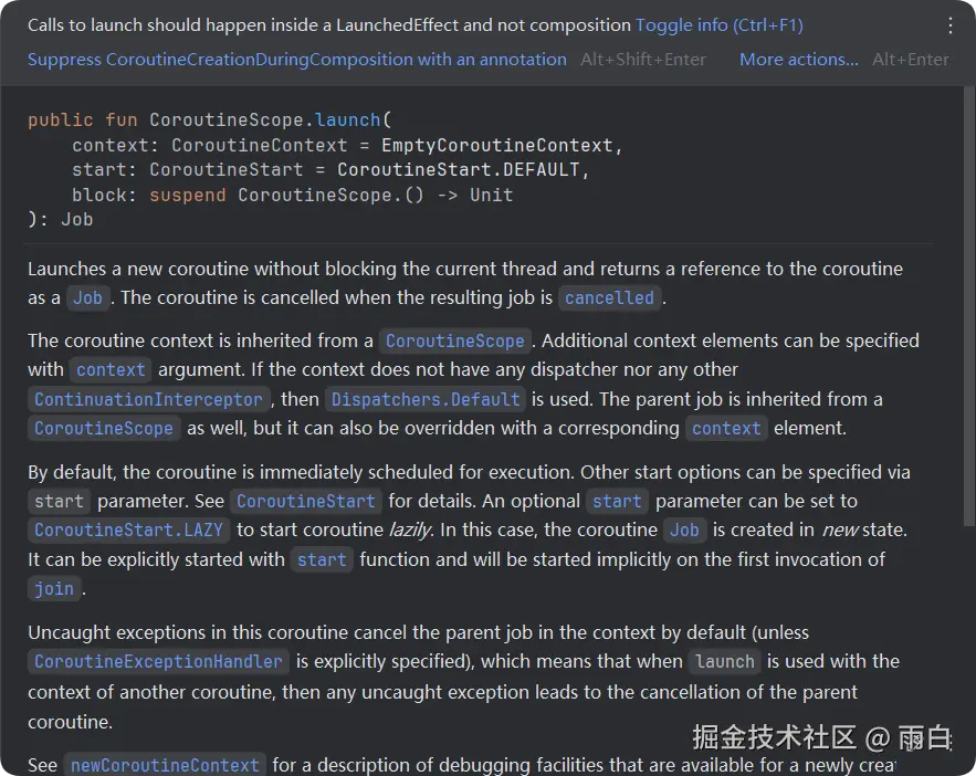 直接使用 rememberCoroutineScope().launch 的警告
