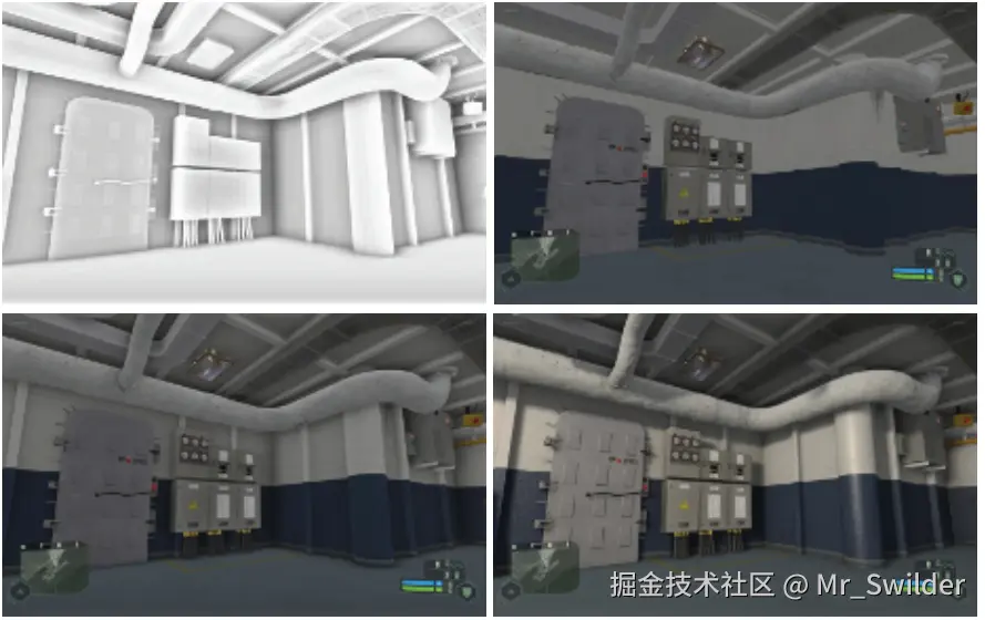 图11.15：左上角：展示了屏幕空间环境光遮蔽的效果。右上角：展示了没有环境光遮蔽的反照率（漫反射颜色）。左下角：将上述两者进行了合并。右下角：最终的渲染图像，添加了高光着色和阴影效果。