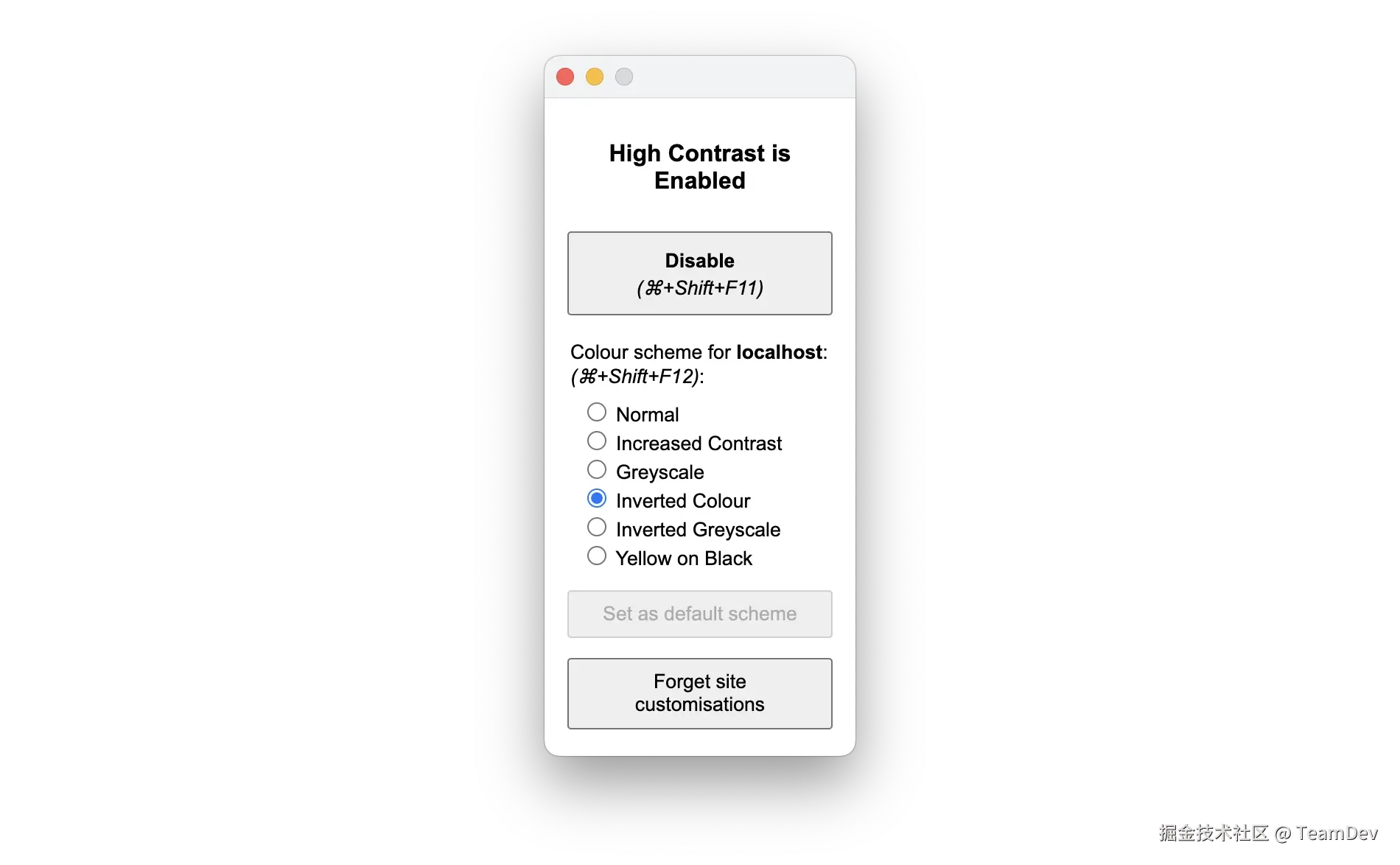 High Contrast 扩展程序的弹出窗口。