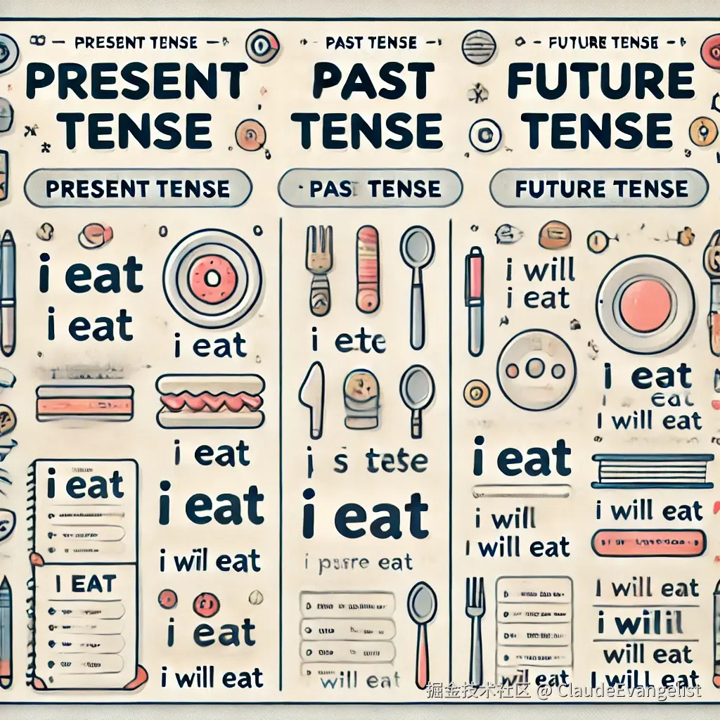 DALL·E 2025-01-01 23.03.37 - An educational illustration showing examples of conjugate words in English grammar. The image includes a clean and clear layout with columns labeled '.webp