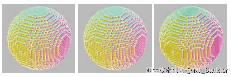 图13.31：立方体剔除。左侧：这个包含17074个体素的实心球体，由102444个四边形面片组成，其中每个体素包含6个四边形面片。中间：相邻实体体素之间的共享的两个四边形面会被移除，使得四边形面片的数量减少到4770个。二者的外观是完全一样的，因为构成外壳的四边形面片没有受到影响。右边：使用一个快速贪心算法，来将较小的四边形面片合并成更大的四边形面片，最终使用了2100个四边形来表现这个球体。 [1094]