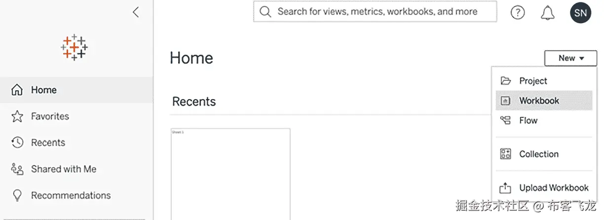 图 13.7 – Tableau Online 新工作簿    