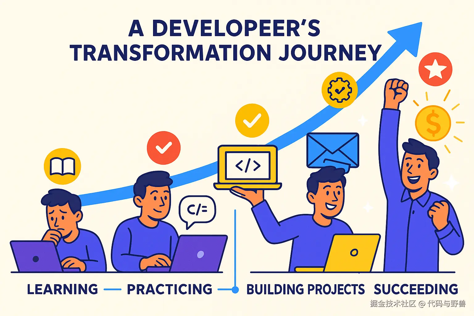 A_motivational_illustration_showing_a_developer_s_transformation_journey_Start_with_a_person_at_a_computer_looking_uncertain_and_progress_through_stages_learning_practicing_building_projects_and_finally_succeeding_with_multiple_job_offers_a.png