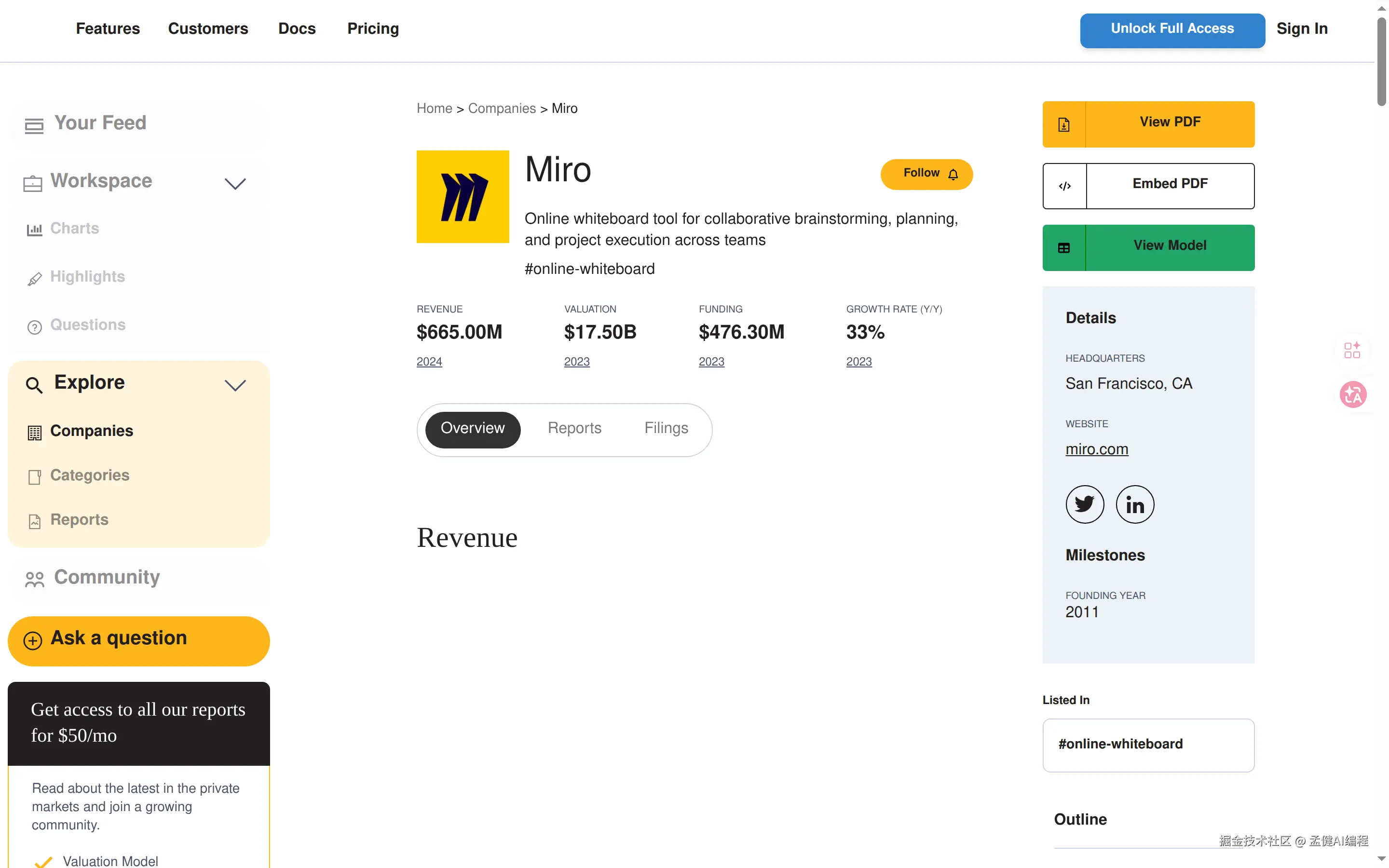 Sacra 数据：Miro revenue 665M、valuation 17.5B