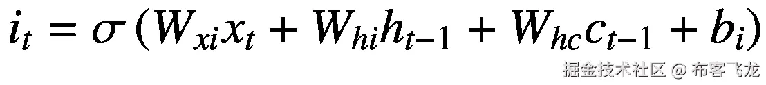 {i}_t=\sigma \left({W}_{xi}{x}_t+{W}_{hi}{h}_{t-1}+{W}_{hc}{c}_{t-1}+{b}_i\right)