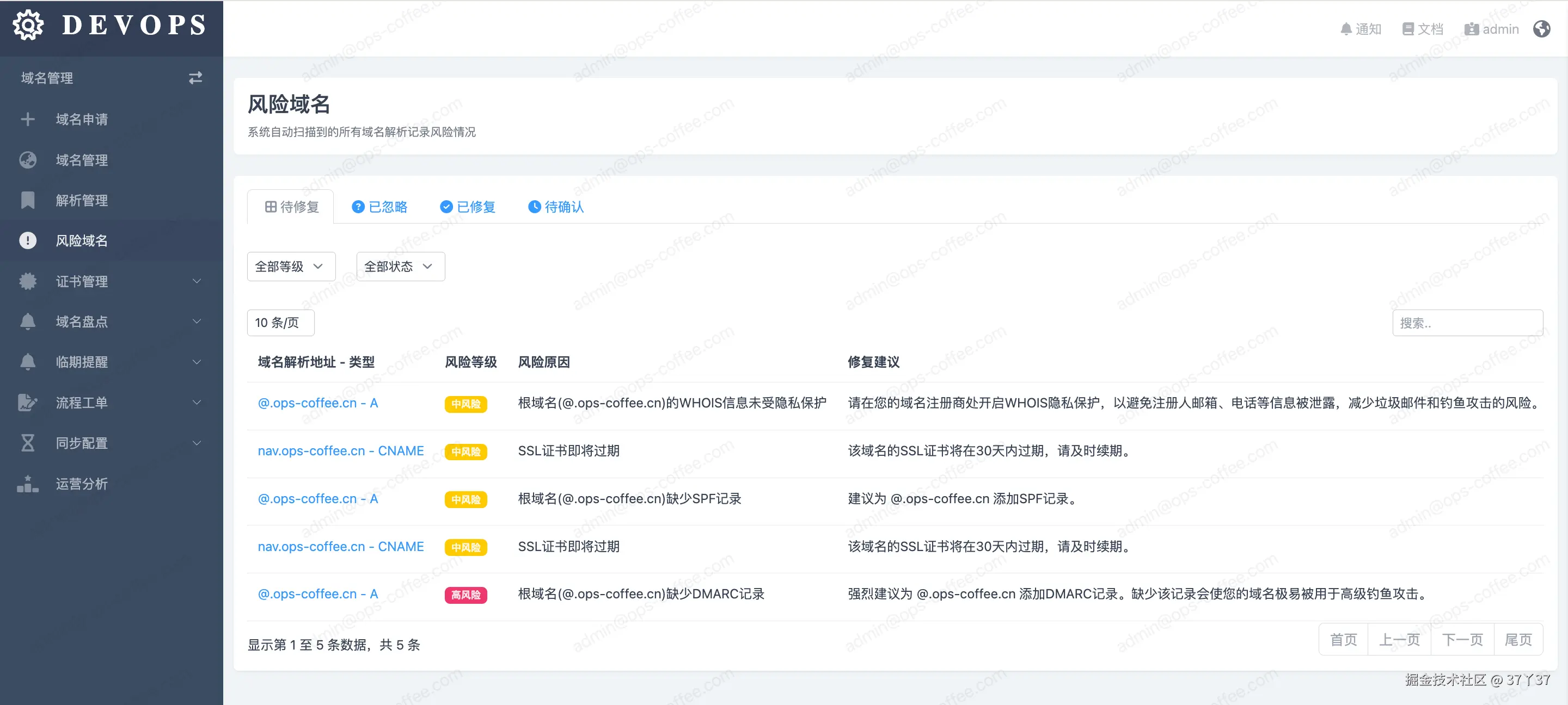 风险域名列表页截图，展示风险原因、建议及处理