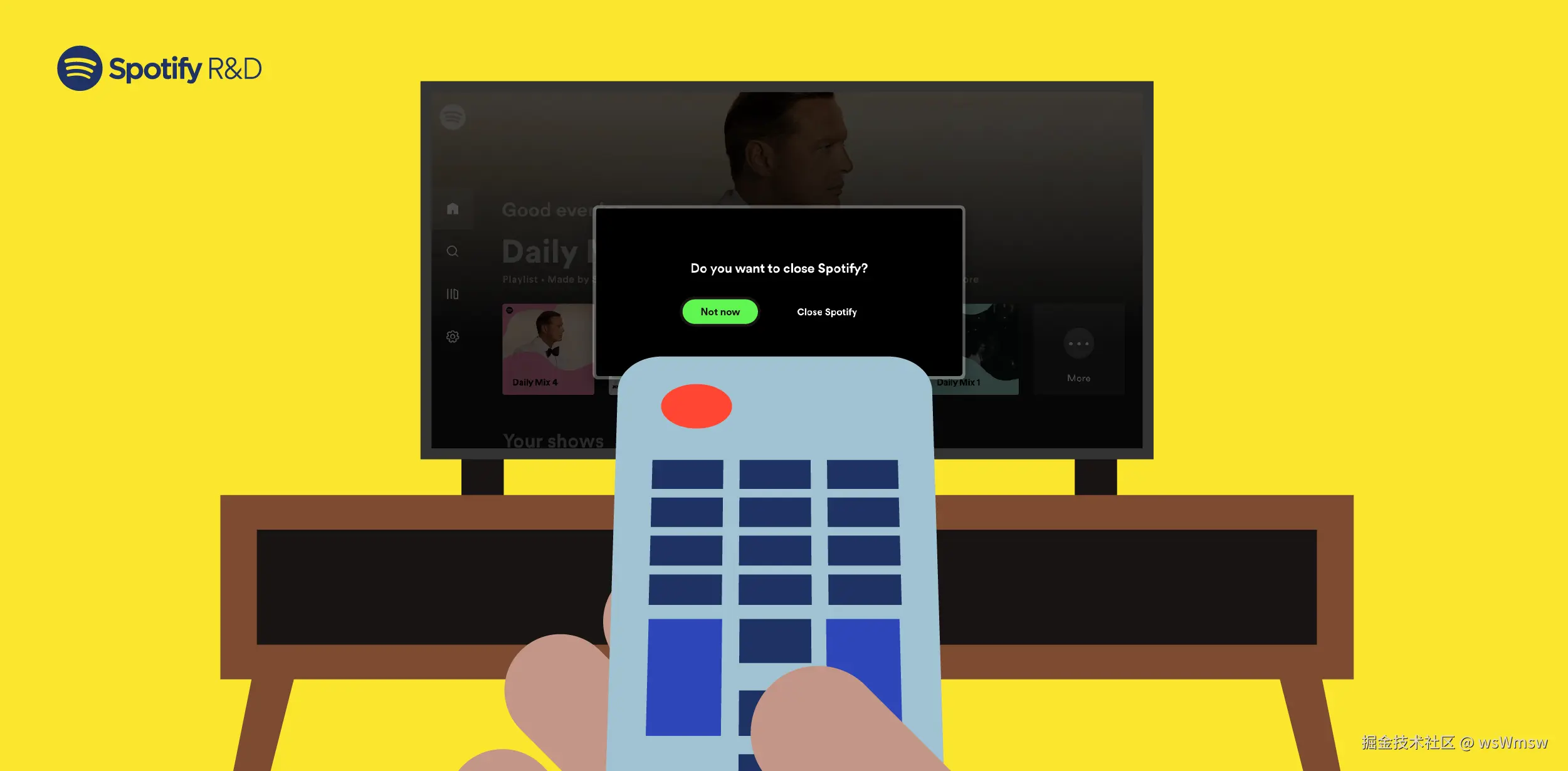 显眼的黄色背景，中间有放在柜台上的一部电视，电视里是 Spotify 的界面，电视的前方，有一只拿着遥控器的手