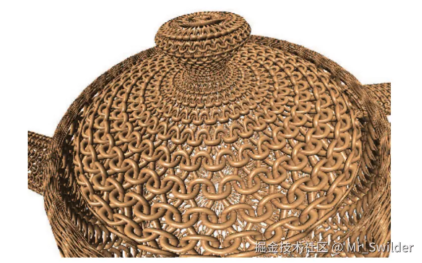 图13.17：图中的编织表面使用了4个高度场纹理进行建模，并使用了浮雕映射来进行 渲染 。 [1425]