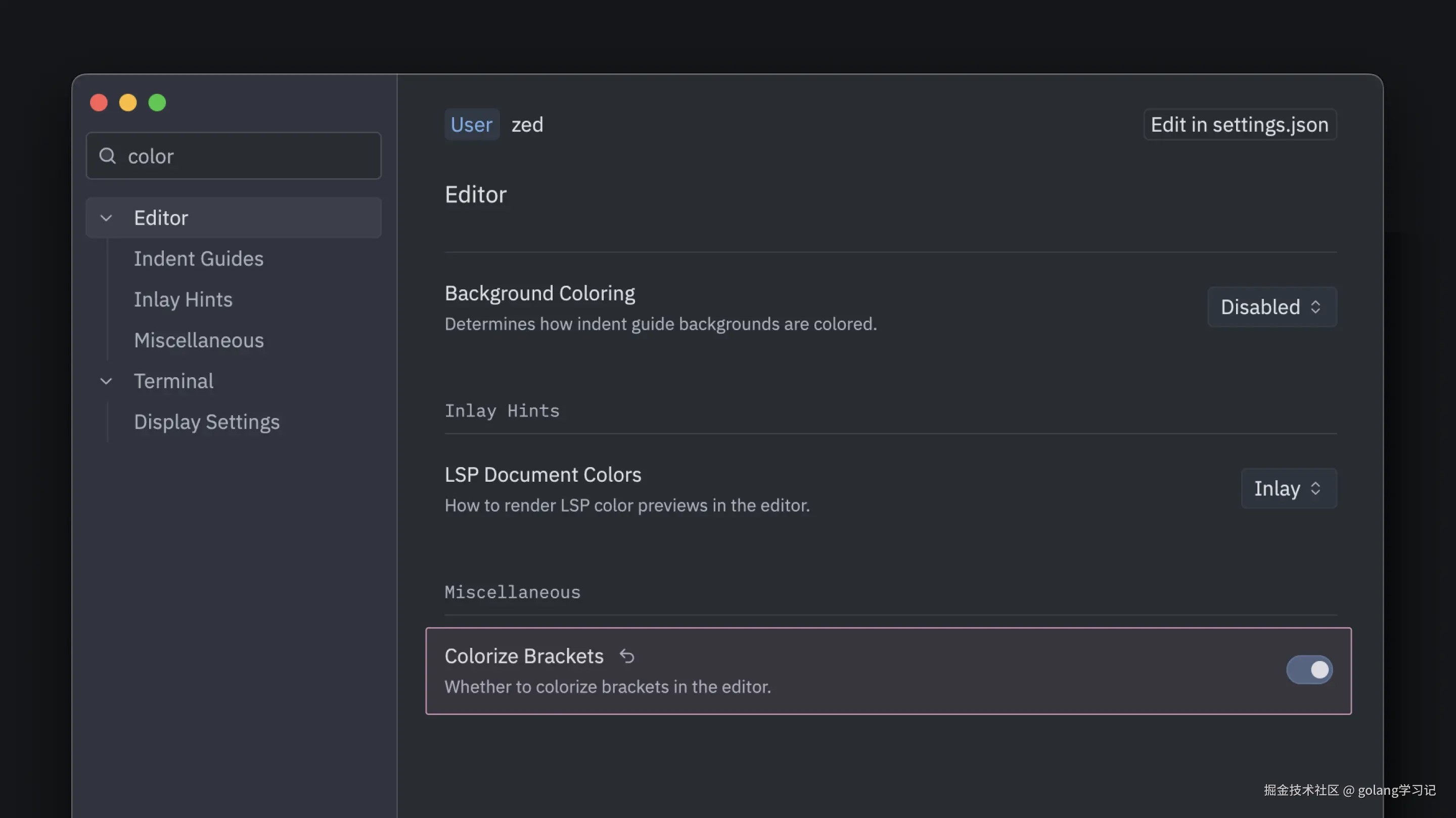 Zed 设置界面：Colorize Brackets 开关与语言粒度控制