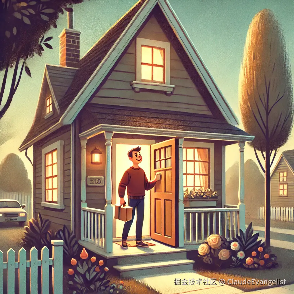 DALL·E 2024-08-17 14.32.09 - An illustration of a friendly scene where a person casually stops by a friend's house. The house is a cozy, small home with a welcoming front porch, a.webp