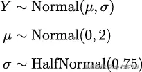 Y ∼ Normal (μ,σ) μ ∼ Normal (0,2) σ ∼ HalfNormal (0.75 ) 