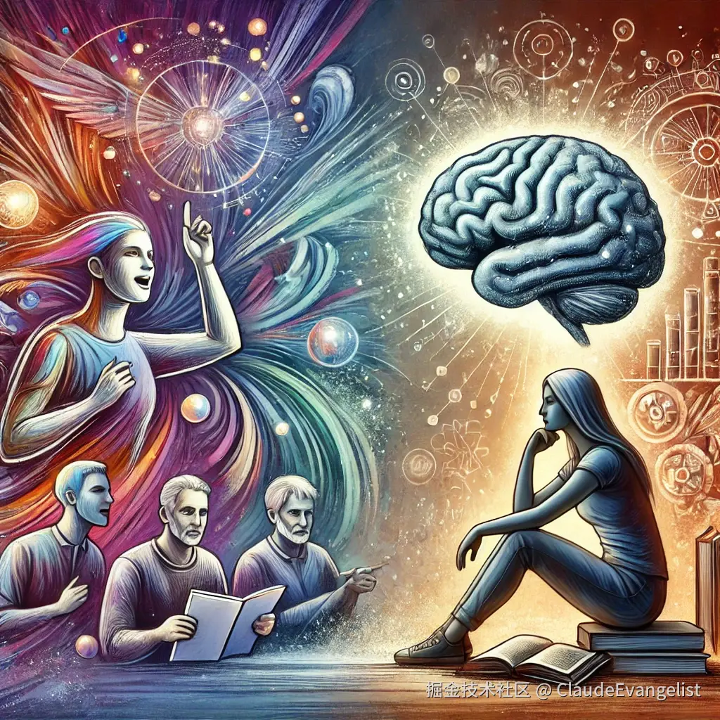 DALL·E 2024-12-05 23.40.38 - A conceptual illustration showing two types of thinking_ on the left, a dynamic and expressive person speaking confidently in front of a group, with v.webp