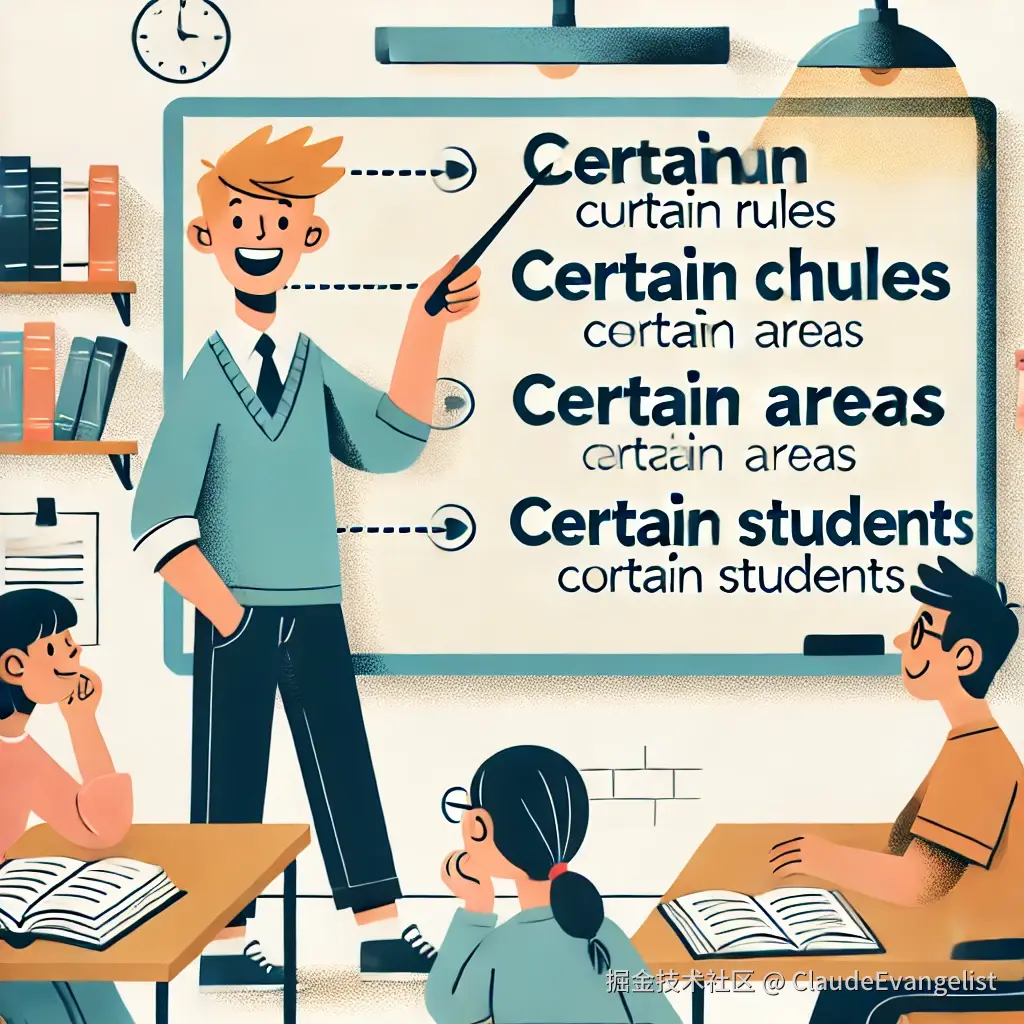 DALL·E 2025-01-03 22.56.26 - An illustration showing a person pointing at a whiteboard with various examples of the word 'certain' in different contexts. The whiteboard has bullet.webp