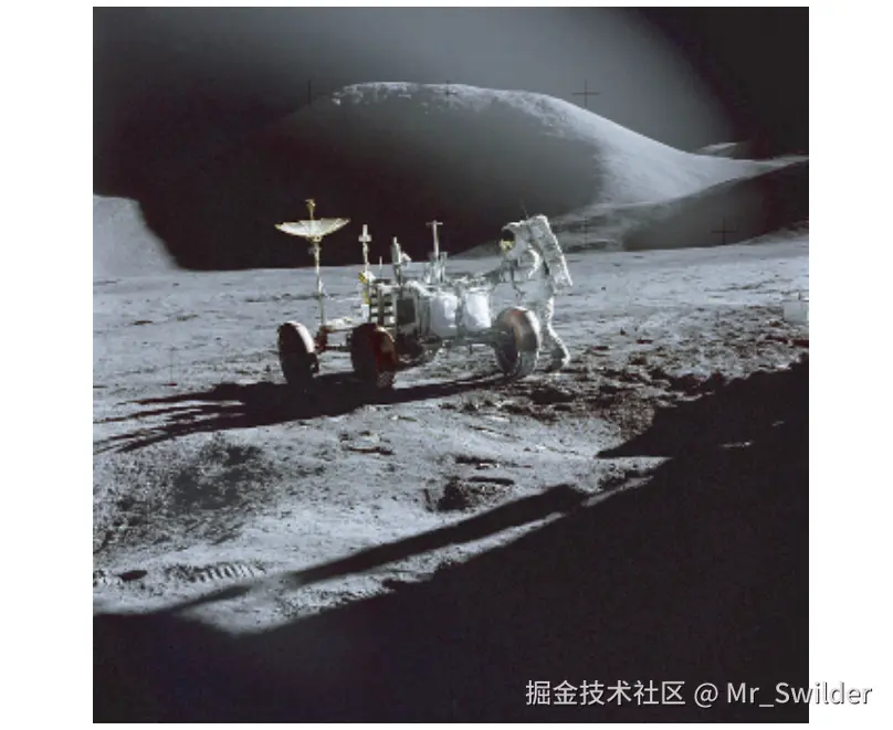 图10.1：在月球上拍摄的图像，由于缺乏散射太阳光的大气层，因此月球上并没有天光。这张图片展示了一个场景只被直接光源照亮时的样子，请注意在背对太阳的表面处，这些表面具有漆黑的阴影，同时没有任何表面细节。这张照片展示的是在阿波罗15号执行任务期间，宇航员Astronaut James B. Irwin站在月球漫游车旁边，图片前景区域的阴影来自于登月舱。这张照片由宇航员David R. Scott拍摄，他是此次任务的指挥官。