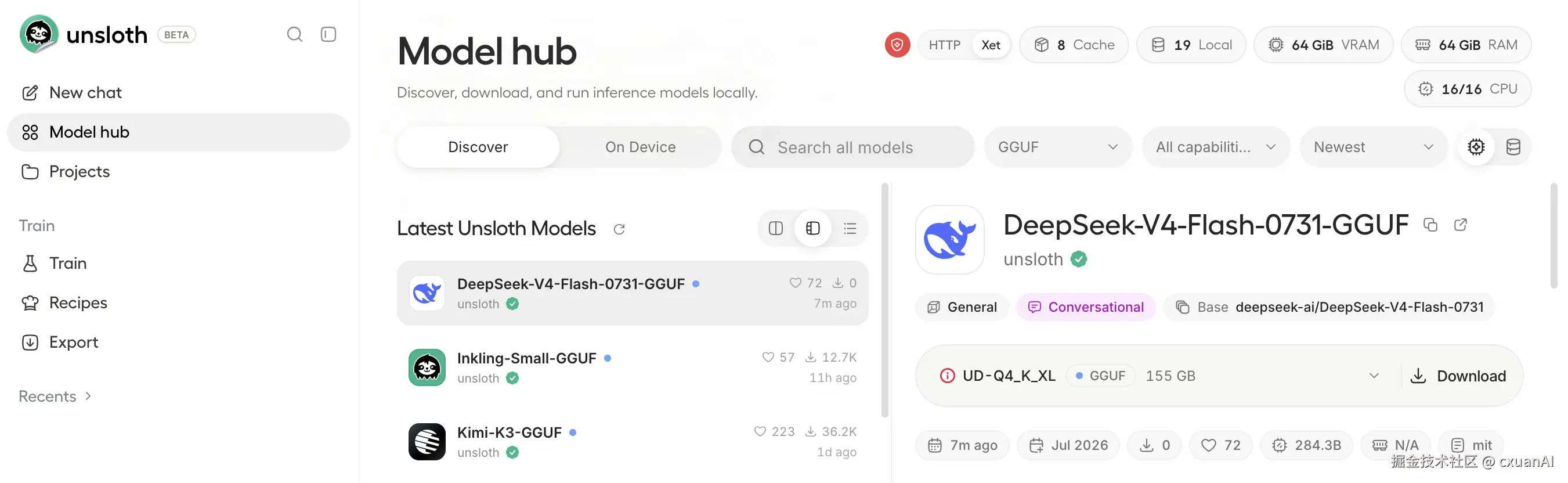 Searching and downloading DeepSeek-V4-Flash-0731-GGUF in Unsloth Studio