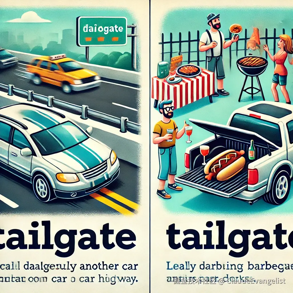 DALL·E 2024-11-24 22.38.56 - An educational illustration showcasing the concept of 'tailgate' in two contexts_ on one side, a close-up of a car dangerously tailgating another car .webp
