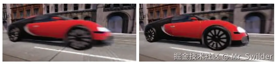 图12.17：在左边，相机是固定的，汽车是模糊的。在右边，相机跟随汽车，背景是模糊的。