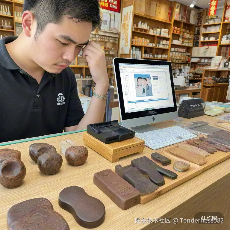南阳卧龙岗文化园内一家特色工艺品店铺内部，店主正在电脑前皱眉查看网站流量统计数据报表，屏幕显示访问量低迷
